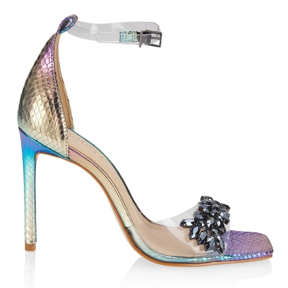 Schutz Shary Iridescent Crystal-Embellished Sandals in Rainbow Light - Picture 2 of 13